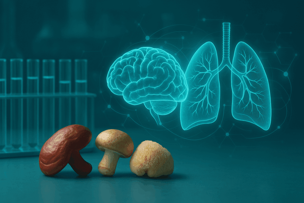 Futuristic lab scene showing mushrooms for lung health alongside holographic brain and lung models and glowing test tubes.