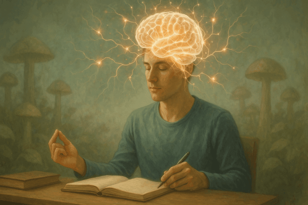 Person meditating at a desk with glowing brain and neural connections, surrounded by mushrooms for stress relief in a calm forest setting.