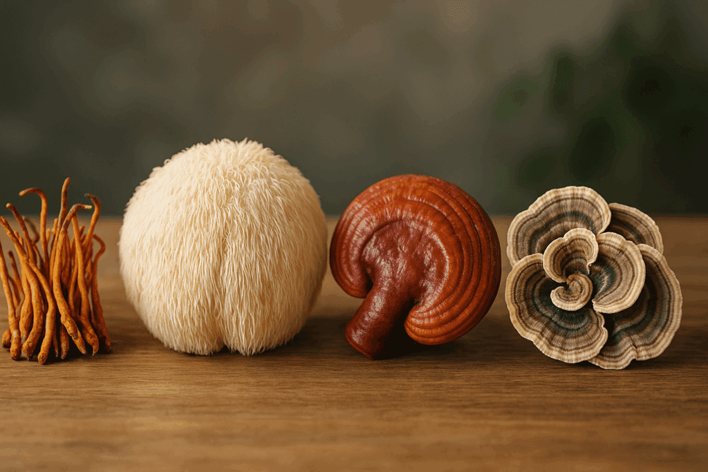 Cordyceps, Lion’s Mane, Reishi, and Turkey Tail mushrooms arranged on a wooden table in soft daylight, showcasing top mushrooms for lung health and cognitive vitality.