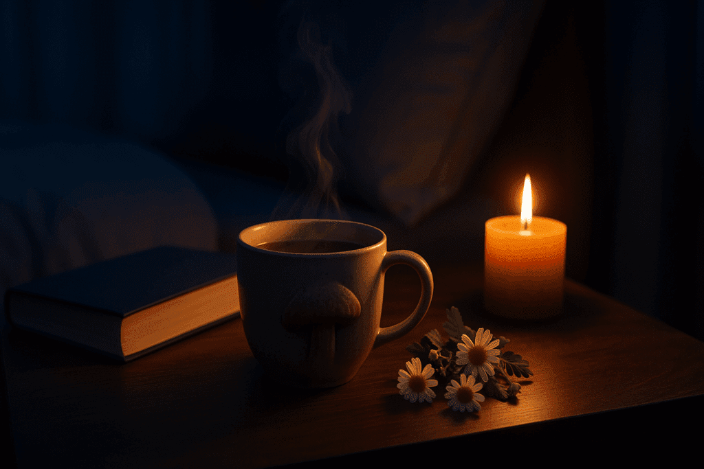 Steaming cup of mushroom tea on a bedside table with chamomile flowers, candlelight, and a book—promoting mushrooms for stress relief and better sleep.