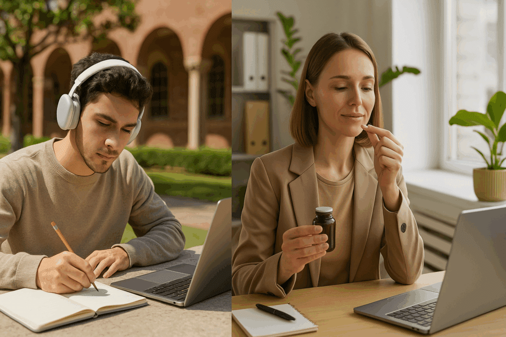 University student studying with headphones and corporate employee taking mushrooms for stress relief at a desk, both surrounded by natural wellness elements.