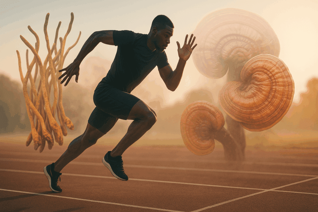 High-performance athlete sprinting on a track at sunrise with transparent overlays of cordyceps and reishi mushrooms for lung health and mental focus.