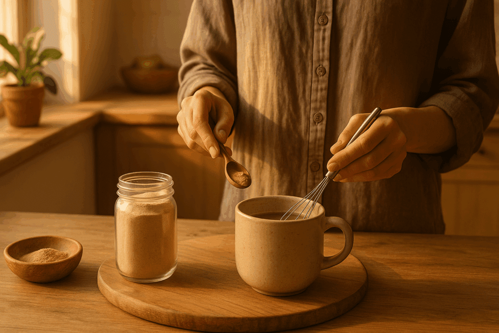Person preparing a calming morning elixir with Lion’s Mane powder in a warm kitchen, promoting mushrooms for stress relief