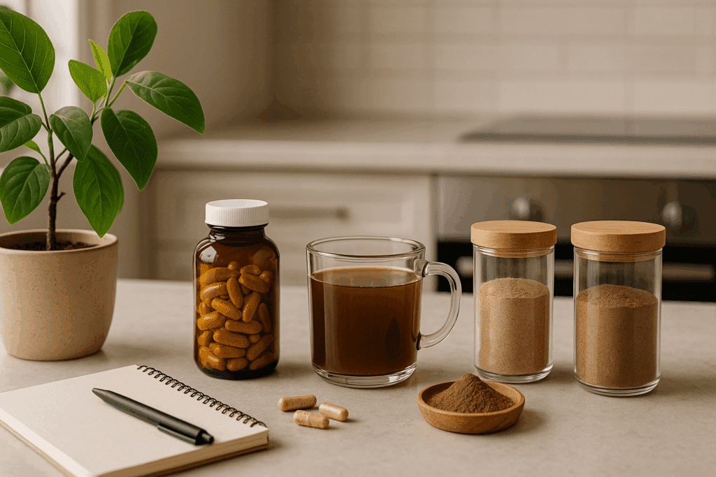 Modern kitchen counter with mushroom supplements, powders, and tea arranged beside a leafy plant and journal, promoting mushrooms for lung health.