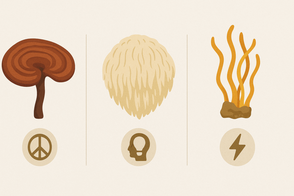 Illustration comparing mushrooms for stress relief, featuring Reishi for calm, Lion’s Mane for focus, and Cordyceps for energy