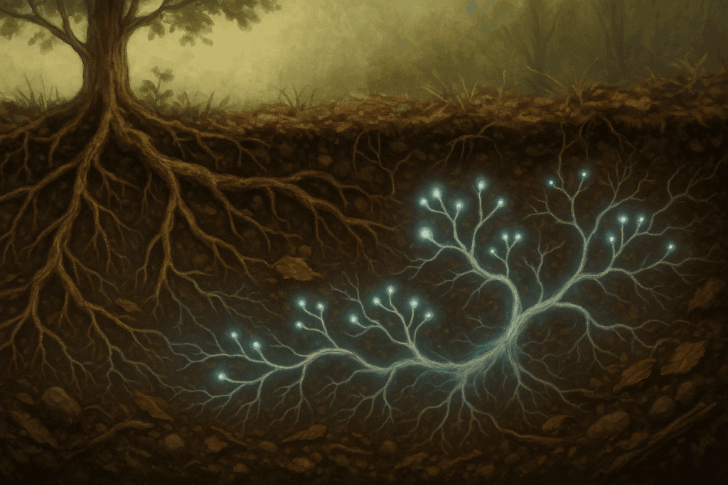 Cross-section of soil with healthy mycelium glowing like neural synapses, interwoven with tree roots and organic matter