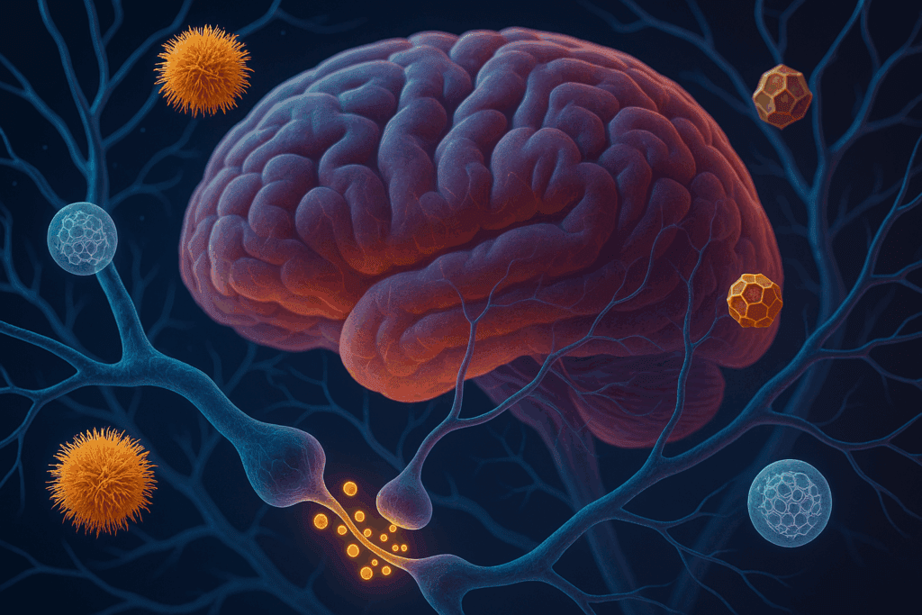 Abstract illustration of healthy mycelium compounds like hericenones and beta-glucans enhancing neuron growth and synaptic signaling in the human brain