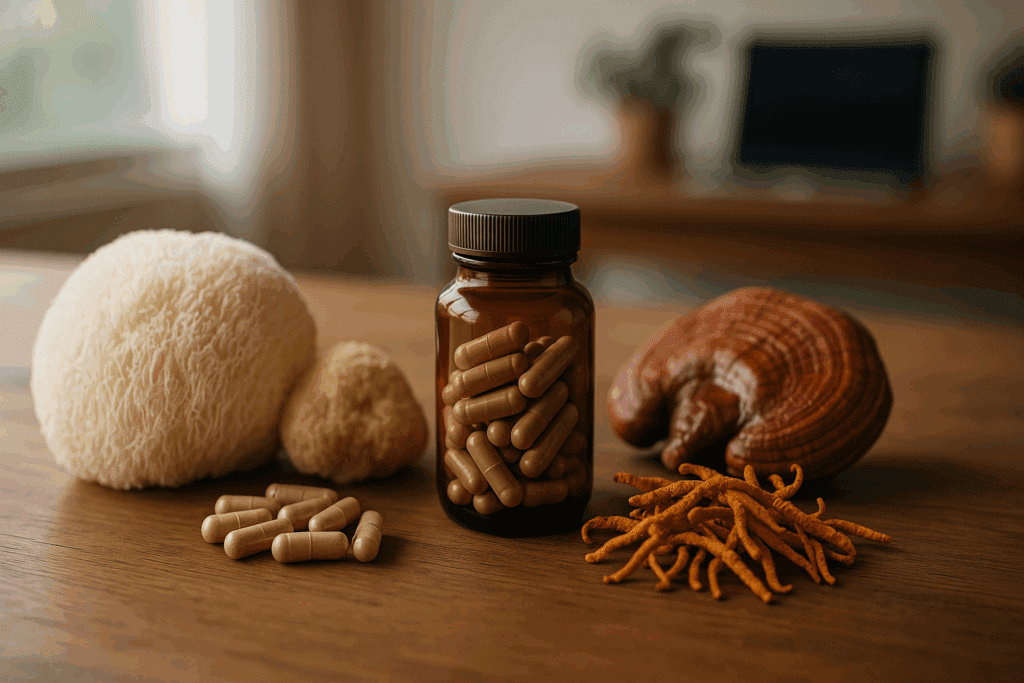Nootropic mushroom capsules and healthy mycelium supplements on a wooden table with Lion’s Mane, Reishi, and Cordyceps mushrooms in soft light.