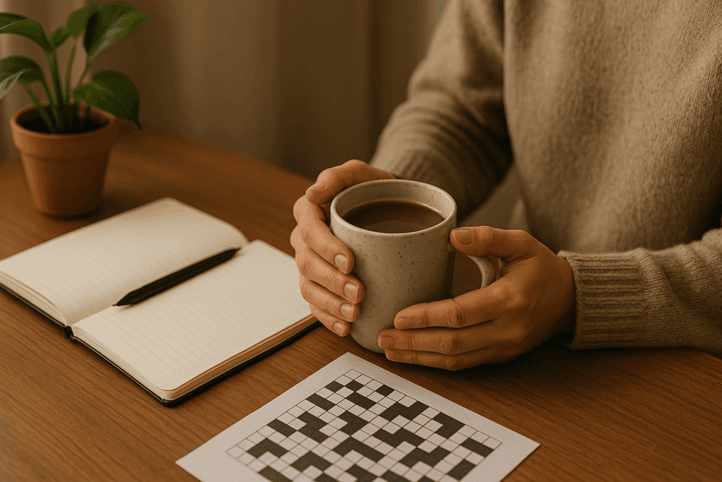 Person enjoying morning mushroom tea at a desk with a journal, brain puzzle, and plant—part of a healthy mycelium-inspired routine.