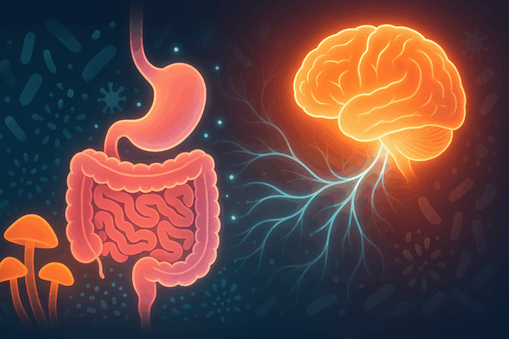 Conceptual illustration of the gut-brain axis with glowing neural pathways, vibrant digestive organs, and healthy mycelium enhancing mental wellness.