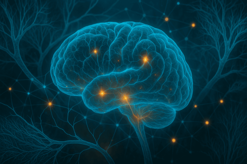 Futuristic illustration of a glowing human brain forming new neural connections, intertwined with healthy mycelium branching like neurons.