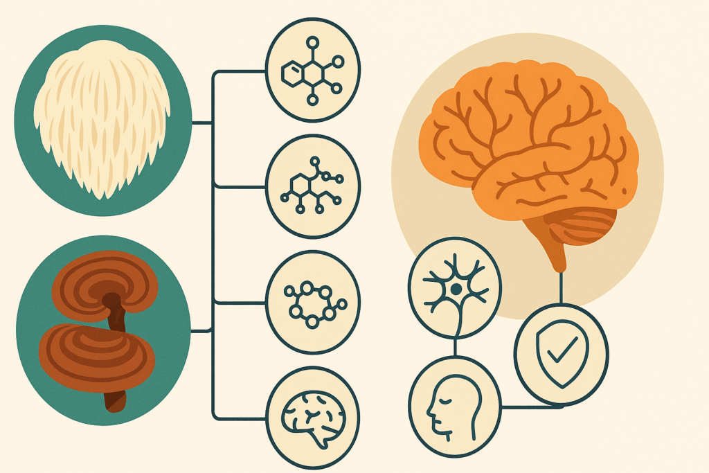 Scientific infographic showing compounds in healthy mycelium from Lion’s Mane and Reishi mushrooms supporting brain health benefits like neurogenesis and stress resilience