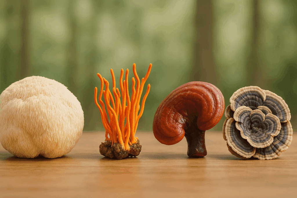 Lion’s Mane, Cordyceps, Reishi, and Turkey Tail mushrooms displayed fresh on a wooden table—natural sources of mushrooms for pain relief.