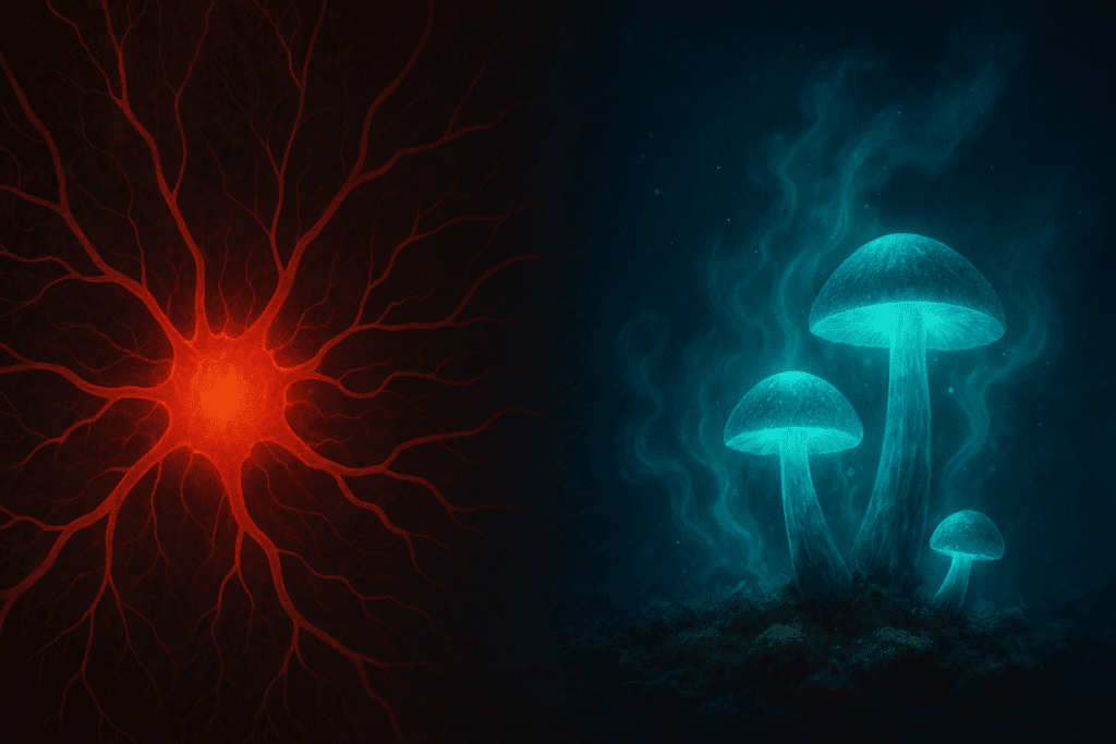 Split image showing inflamed red nerves on one side and glowing mushrooms for pain relief emitting soothing blue mist on the other.