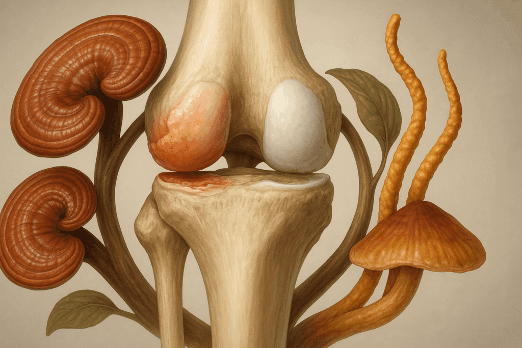 3D medical illustration of a human knee joint showing cartilage damage and inflammation on one side, restored tissue on the other, surrounded by Reishi and Cordyceps mushrooms for pain relief