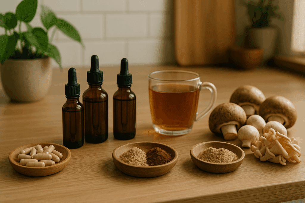 Wellness counter with capsules, tinctures, tea, and powders made from mushrooms for pain relief arranged beside fresh mushrooms in a calming kitchen setting