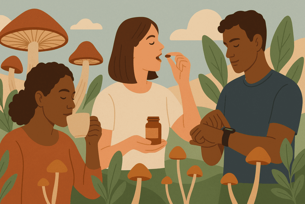 Diverse individuals using mushrooms for pain relief through tea, supplements, and health tracking in a natural setting.
