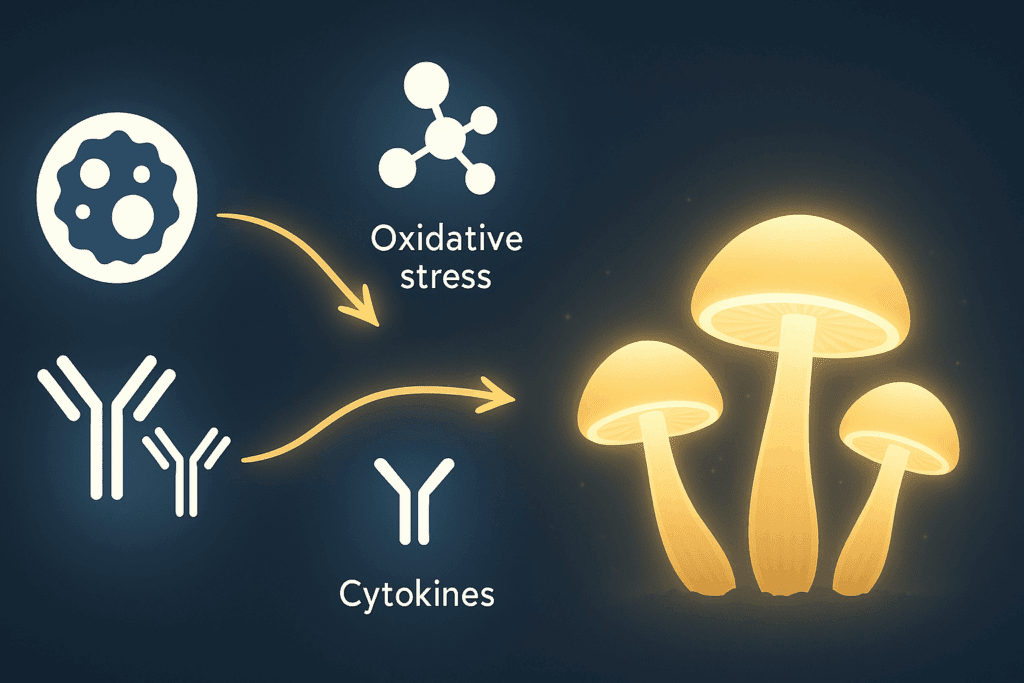 Infographic illustrating how mushrooms for pain relief interact with inflammation pathways through immune modulation, oxidative stress, and cytokine signaling.