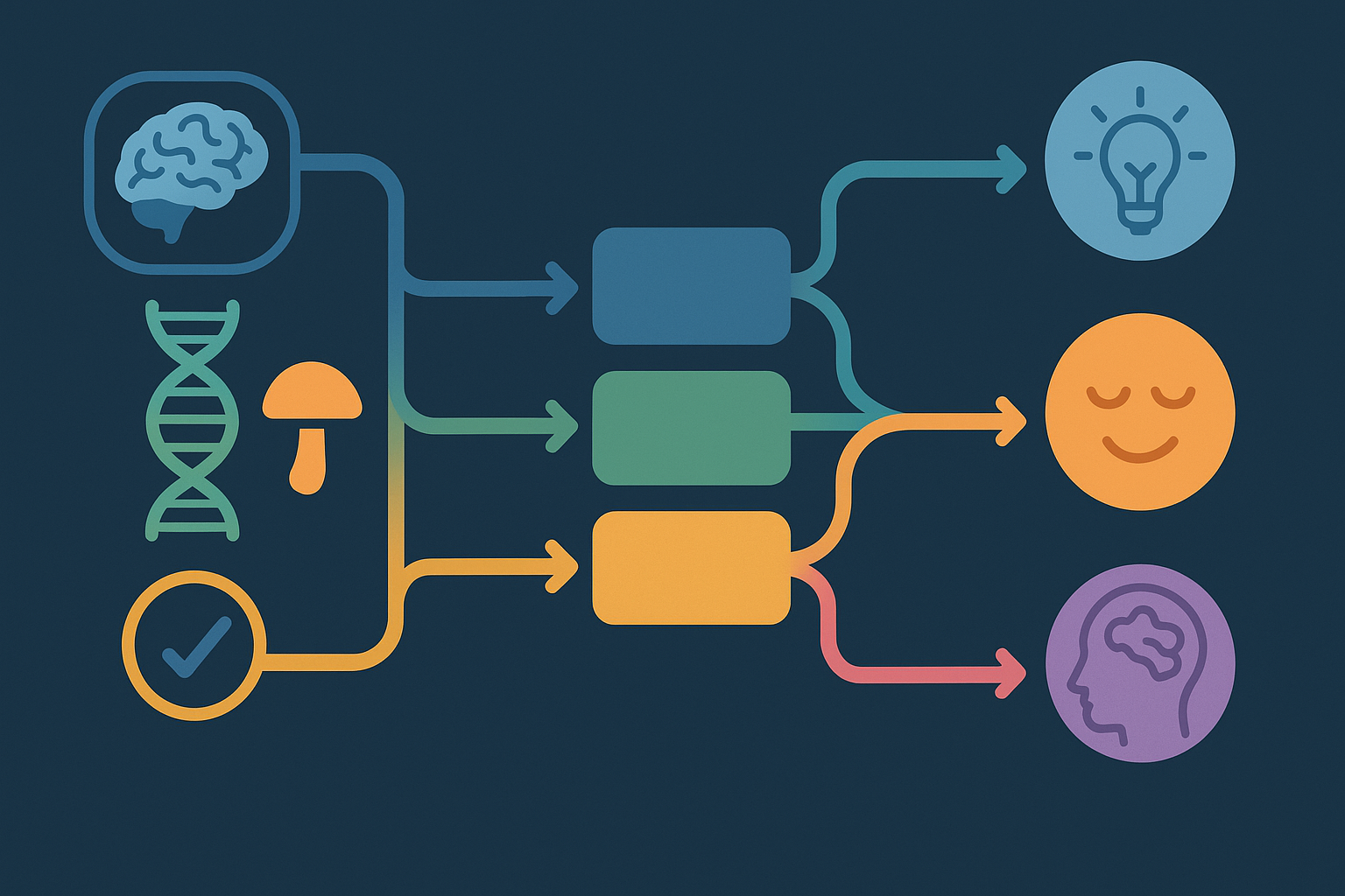 Flowchart-style infographic illustrating personalized therapy paths using brain scans, DNA, and mushrooms to visualize psychedelics benefits for creativity, mood, and memory.