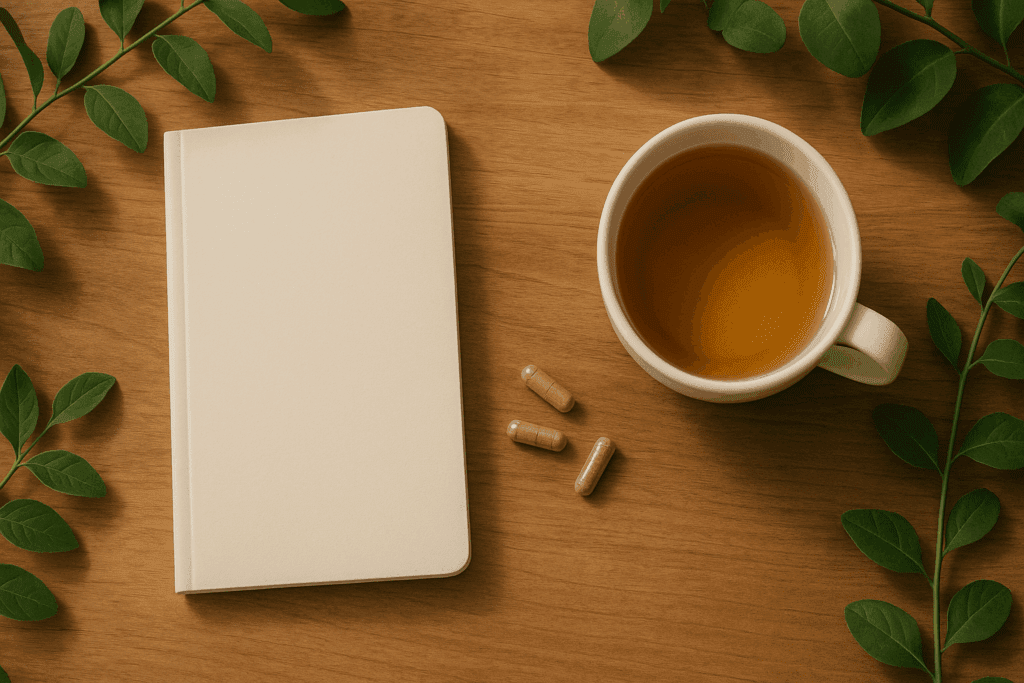 Microdosing journal, mushroom capsules, and herbal tea on a wooden table symbolizing a mindful routine for sustained psychedelics benefits