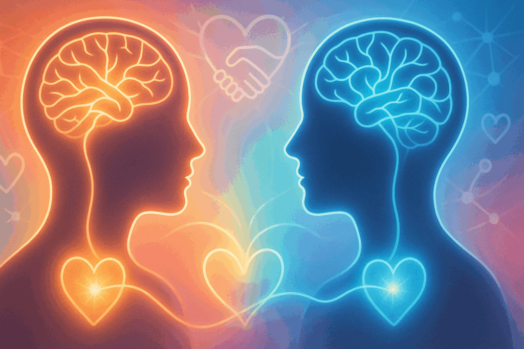 Two glowing human profiles made of light face each other, with neural energy linking their hearts and brains, symbolizing connection and psychedelics benefits for empathy and emotional intelligence.