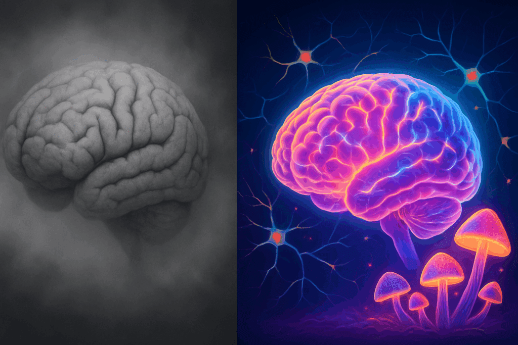 Side-by-side illustration showing psychedelics benefits—an aging brain fading in fog contrasted with a glowing, revitalized brain surrounded by mushrooms and healthy neurons.