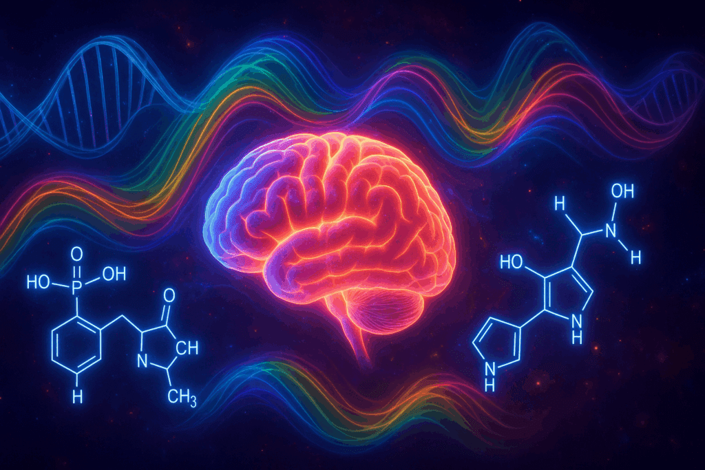 Glowing human brain surrounded by colorful light waves, DNA strands, and psilocybin molecules in cosmic space illustrating psychedelics benefits for brain health.