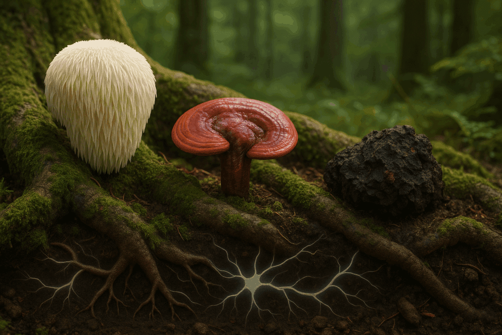 Lion’s Mane, Reishi, and Chaga mushrooms growing on a mossy forest floor with neural patterns beneath, symbolizing psychedelics benefits for brain health.
