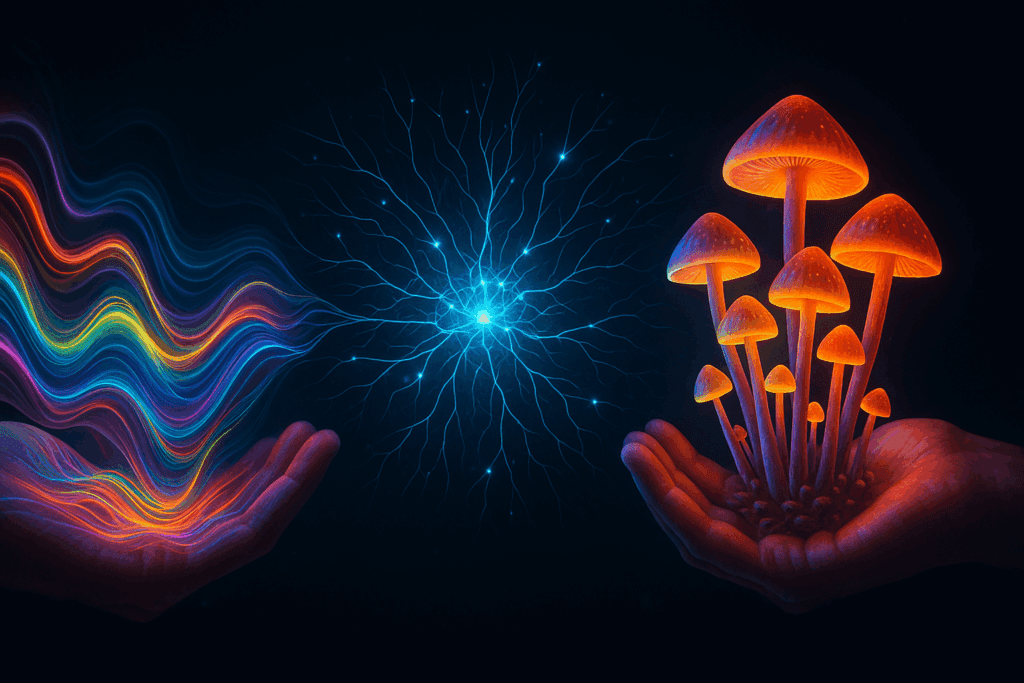 Two glowing hands illustrate psychedelics benefits—one holding colorful fractal light waves, the other vibrant mushrooms, connected by a luminous neural network.