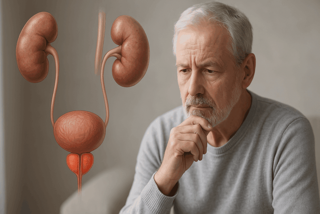 Medical illustration of the male urinary system with highlighted prostate gland next to an older man, suggesting awareness of mushrooms for prostate cancer
