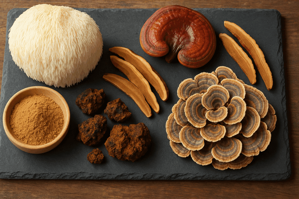 Assorted mushrooms for prostate cancer including lion’s mane, reishi, chaga, and turkey tail displayed sliced, dried, and powdered on a slate board.