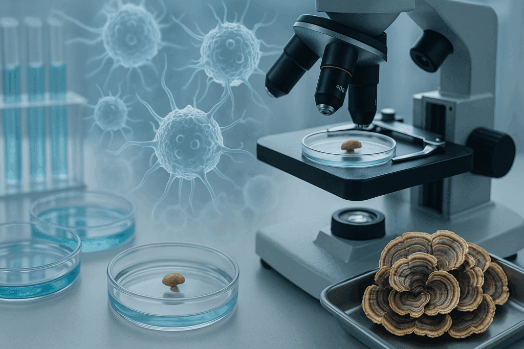 Scientific lab scene with petri dishes, test tubes, and microscope analyzing mushrooms for prostate cancer research