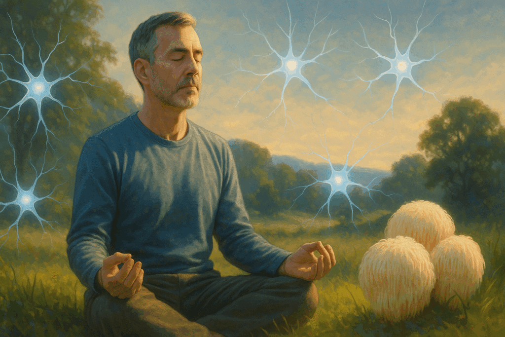 Middle-aged man meditating in nature with glowing neurons and lion’s mane mushrooms for prostate cancer recovery support.
