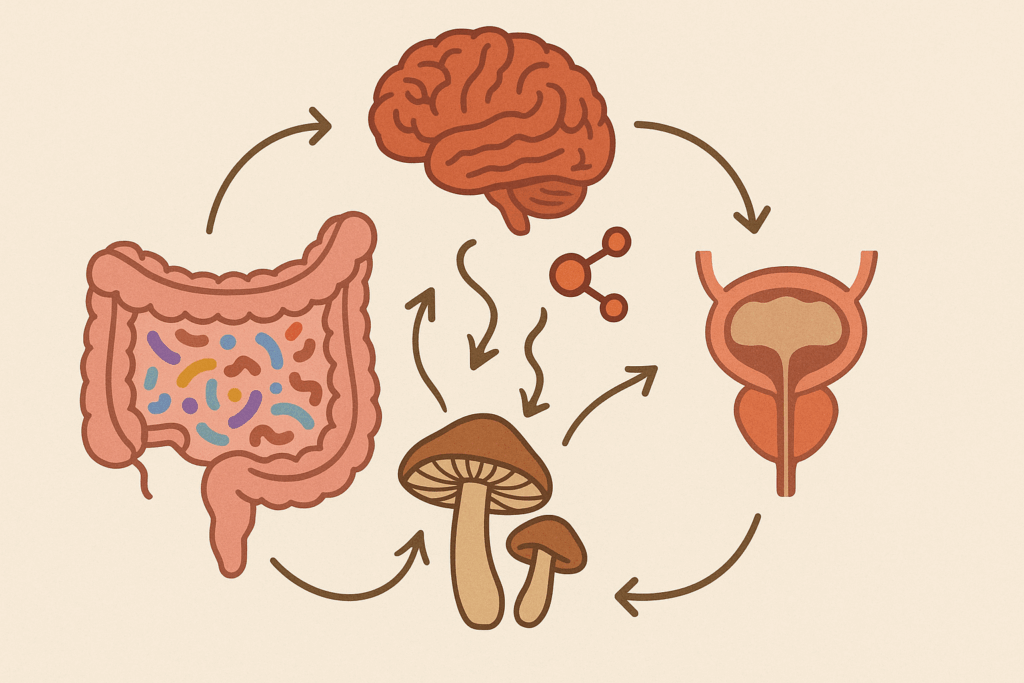 Diagram showing the gut-brain-prostate axis with arrows illustrating how mushrooms for prostate cancer influence hormone and inflammation pathways