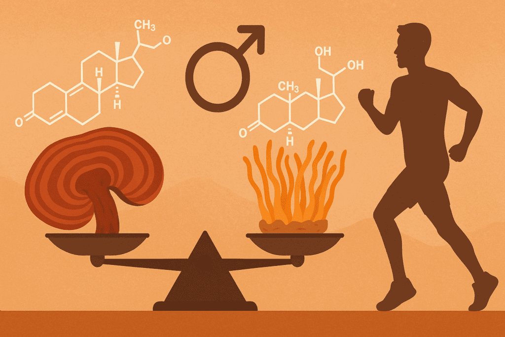 Reishi and cordyceps mushrooms on a hormonal balance scale with testosterone and cortisol molecules, symbolizing mushrooms for prostate cancer and men's health vitality