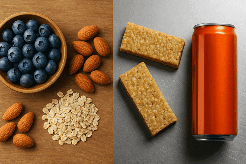Side-by-side view comparing natural energy foods like blueberries, almonds, and oats to processed snacks and drinks, answering do blueberries give you energy.