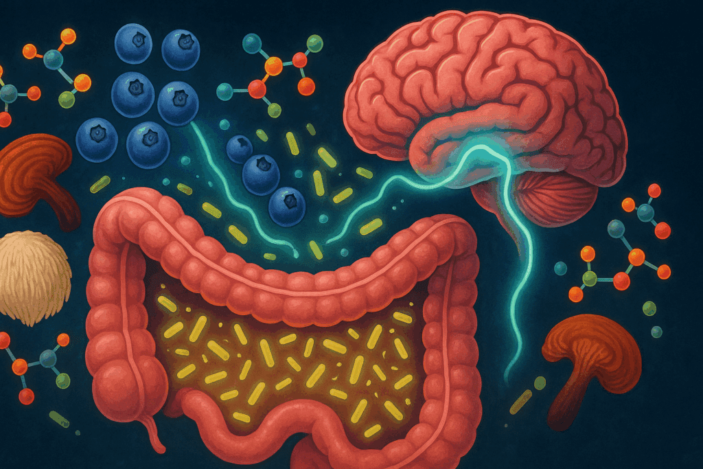 Cross-sectional illustration of the gut-brain axis showing blueberries supporting beneficial gut bacteria and neural pathways, highlighting how diet may answer the question—do blueberries give you energy.