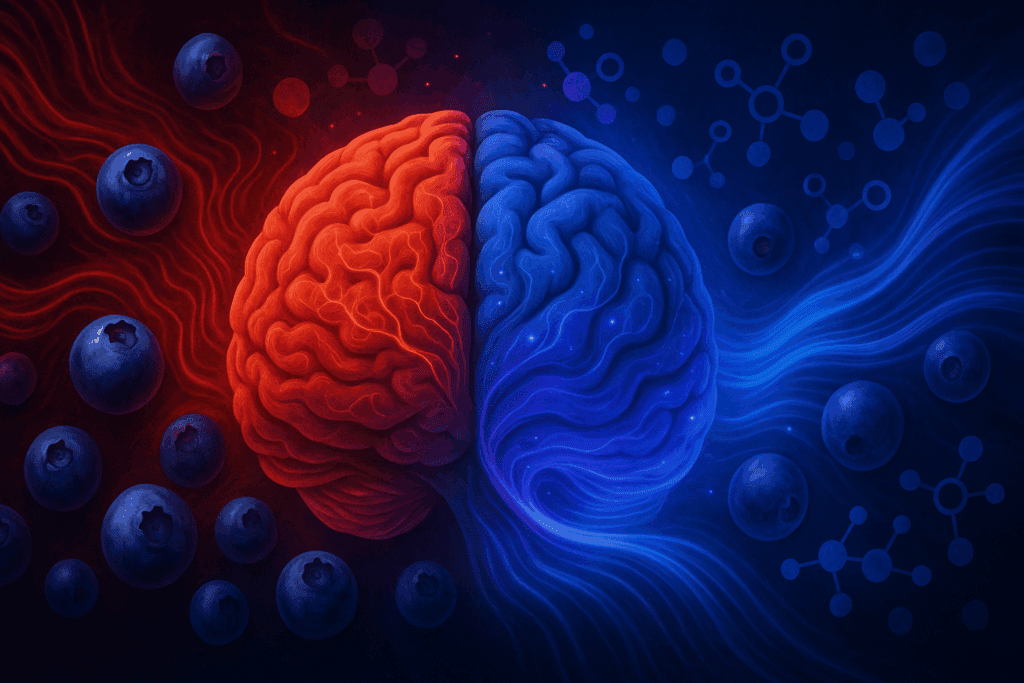 Conceptual brain image split between stress and calm, surrounded by blueberries and polyphenol visuals, exploring do blueberries give you energy.