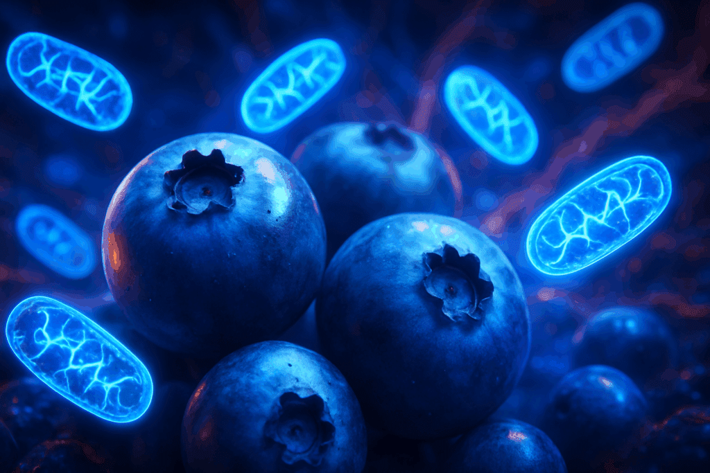 Do blueberries give you energy concept with fresh blueberries surrounded by glowing mitochondria radiating blue light
