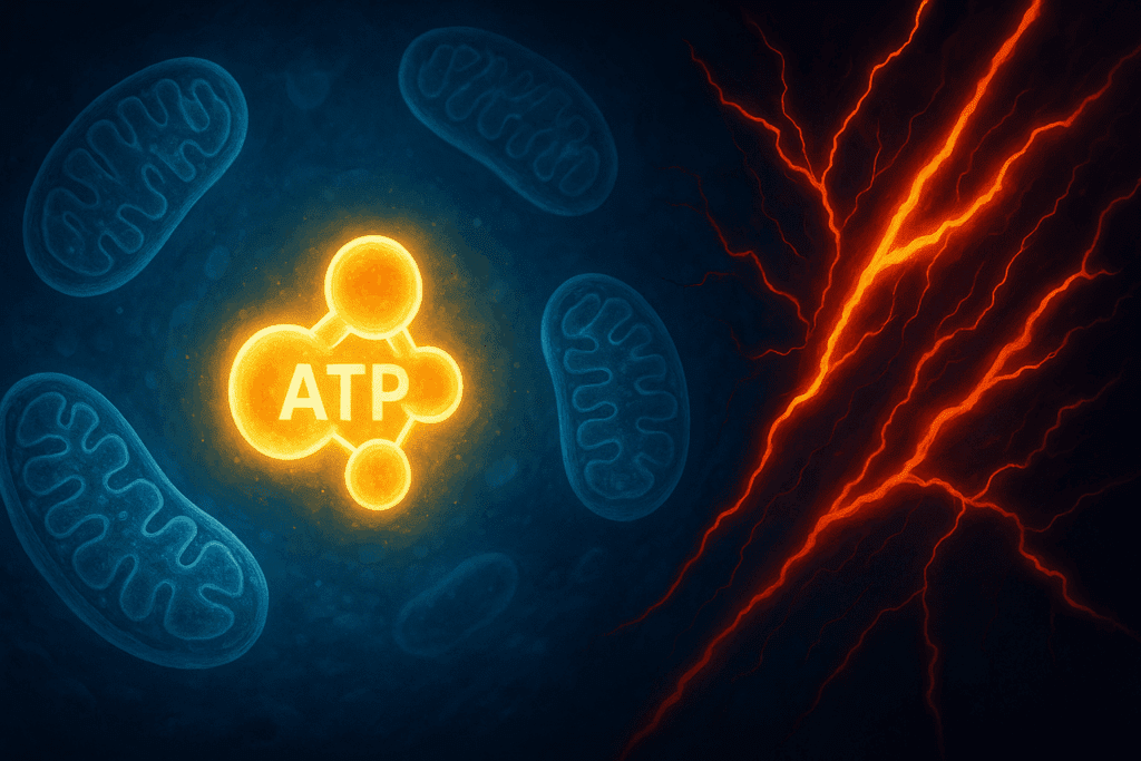 Conceptual illustration showing ATP energy production in mitochondria disrupted by stress, symbolizing how cellular changes relate to the question: do blueberries give you energy
