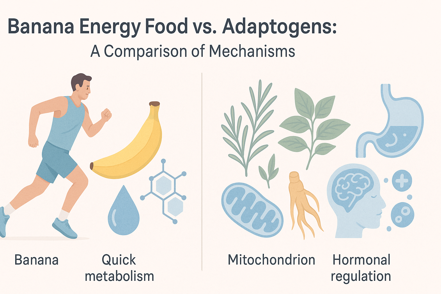 Infographic comparing how bananas and adaptogens support energy, illustrating fast glucose metabolism vs. long-term hormonal balance to explore are bananas good for energy
