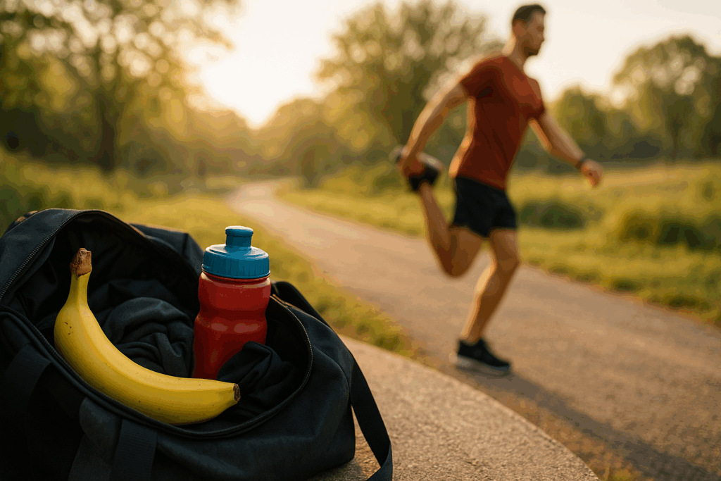 Runner stretching beside a gym bag with a banana and water bottle in morning light, illustrating are bananas good for energy before workouts.