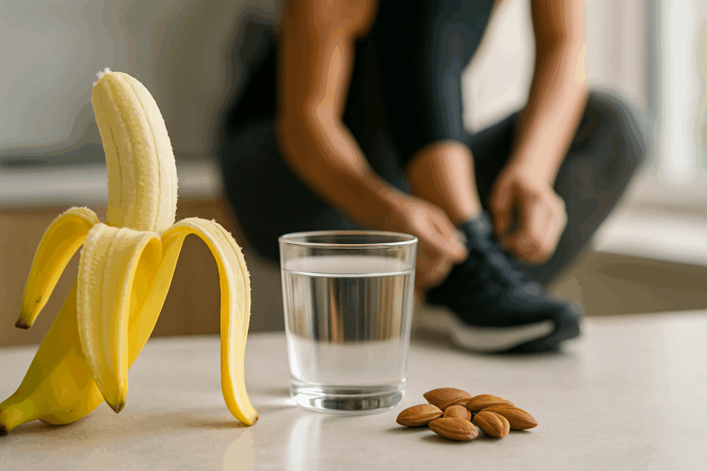 Peeled banana beside almonds and a glass of water on a kitchen counter, suggesting a natural answer to are bananas good for energy before a workout.