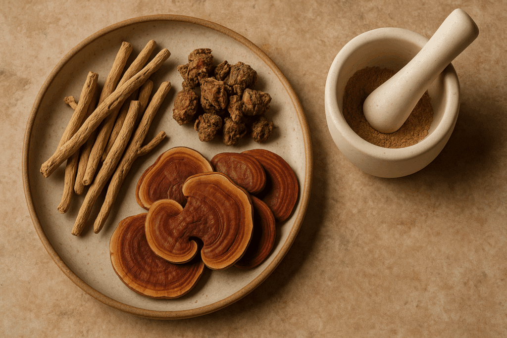 Adaptogenic herbs like ashwagandha, reishi, and Rhodiola arranged on a ceramic plate with a mortar and pestle, illustrating how natural remedies support the question: are bananas good for energy.
