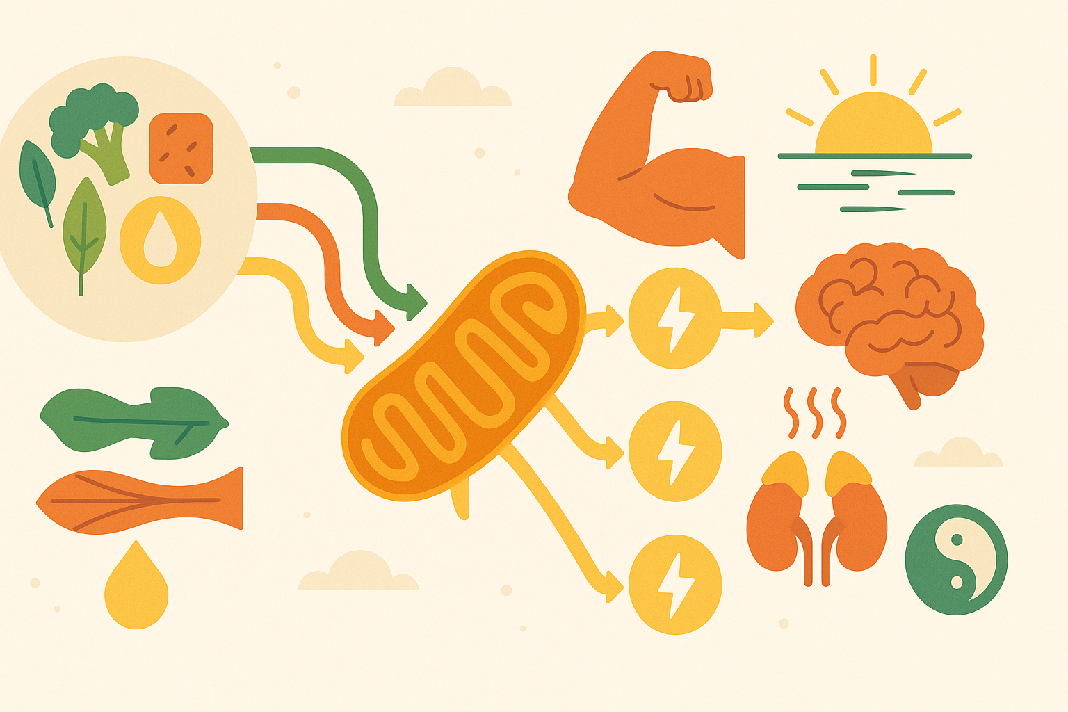 Mitochondria converting food into ATP energy with arrows flowing to muscles, brain, and hormone regulation, illustrating how processes like those sparked by bananas answer are bananas good for energy.