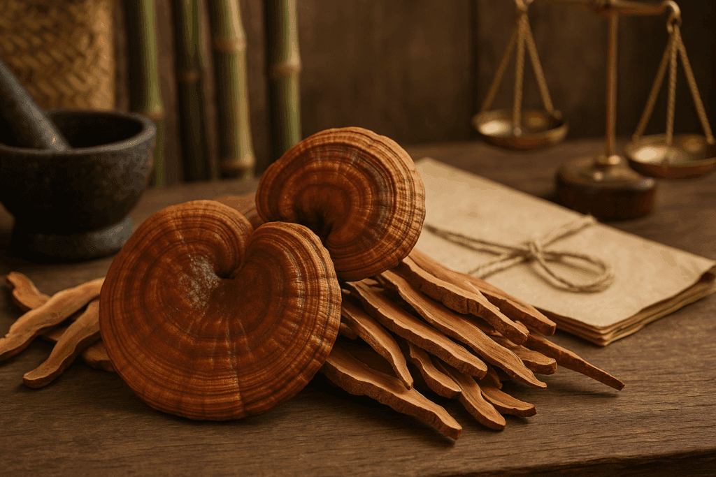 Dried reishi mushrooms with apothecary tools and parchment in soft light, illustrating traditional use and exploring does reishi make you sleepy.