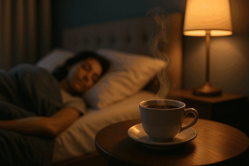 Steaming cup of reishi tea on a bedside table with soft lighting and a person peacefully sleeping in the background, illustrating the question does reishi make you sleepy