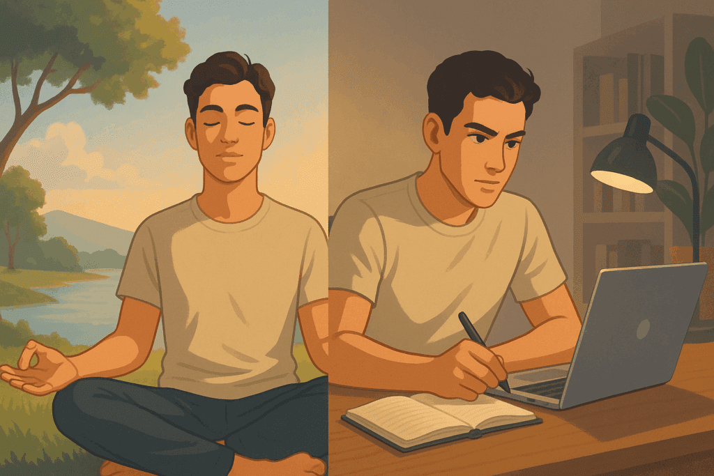 Split-scene illustration showing one man meditating peacefully outdoors and the same man working with focus indoors, symbolizing the dual effects explored in does reishi make you sleepy.