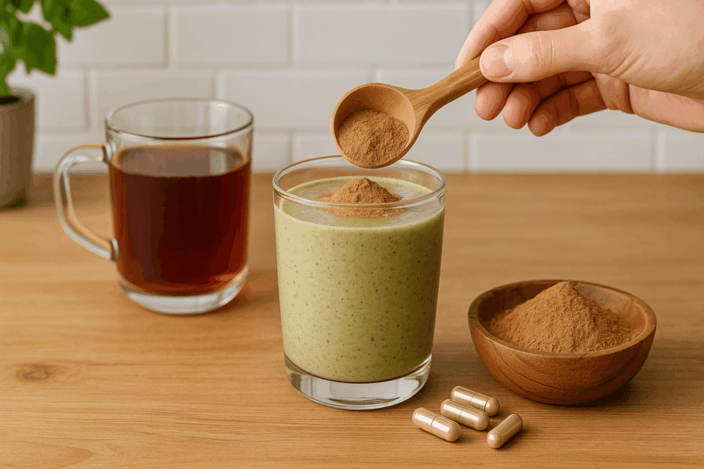 Reishi mushroom powder being added to a green smoothie next to tea and capsules in a home kitchen, illustrating how reishi is used and prompting the question: does reishi make you sleepy