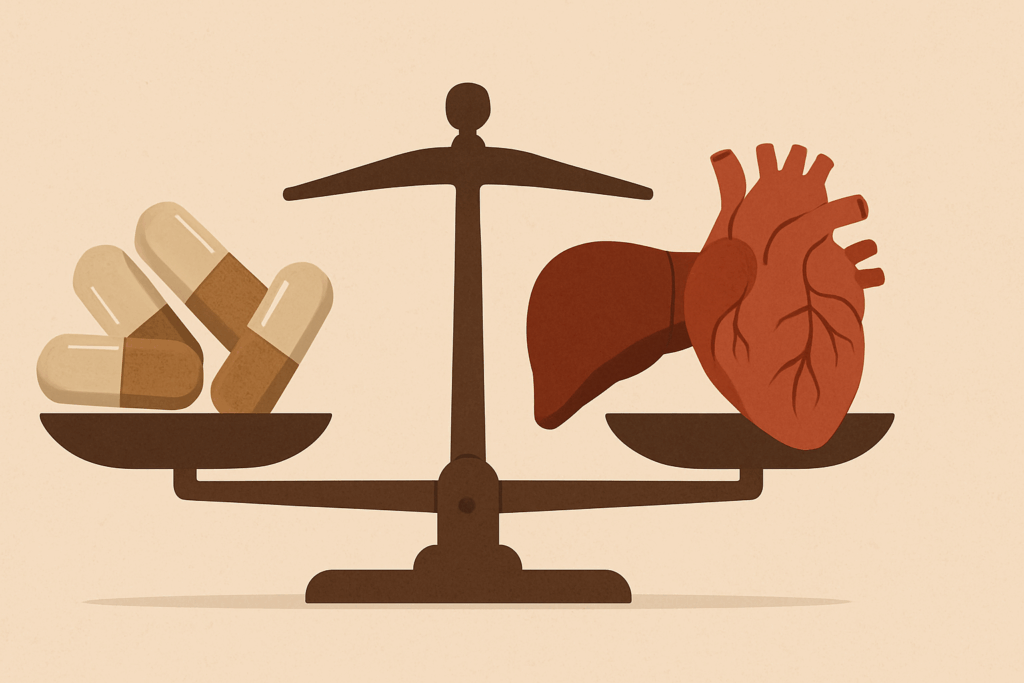 Balanced scale with mushroom capsules on one side and heart and liver on the other, symbolizing caution in dosage—does reishi make you sleepy.